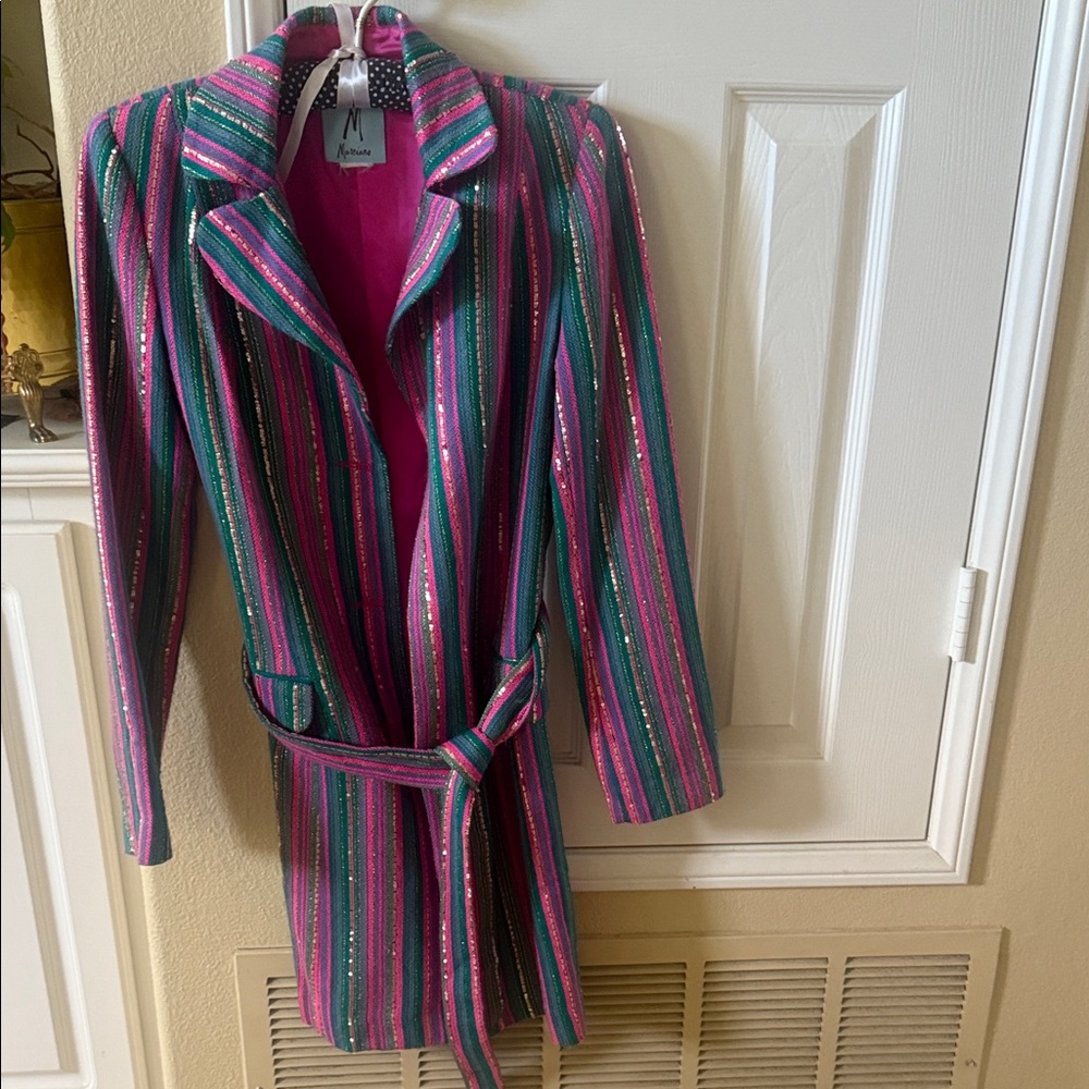 Colorful Striped Women's Coat hot pink purple teal gold